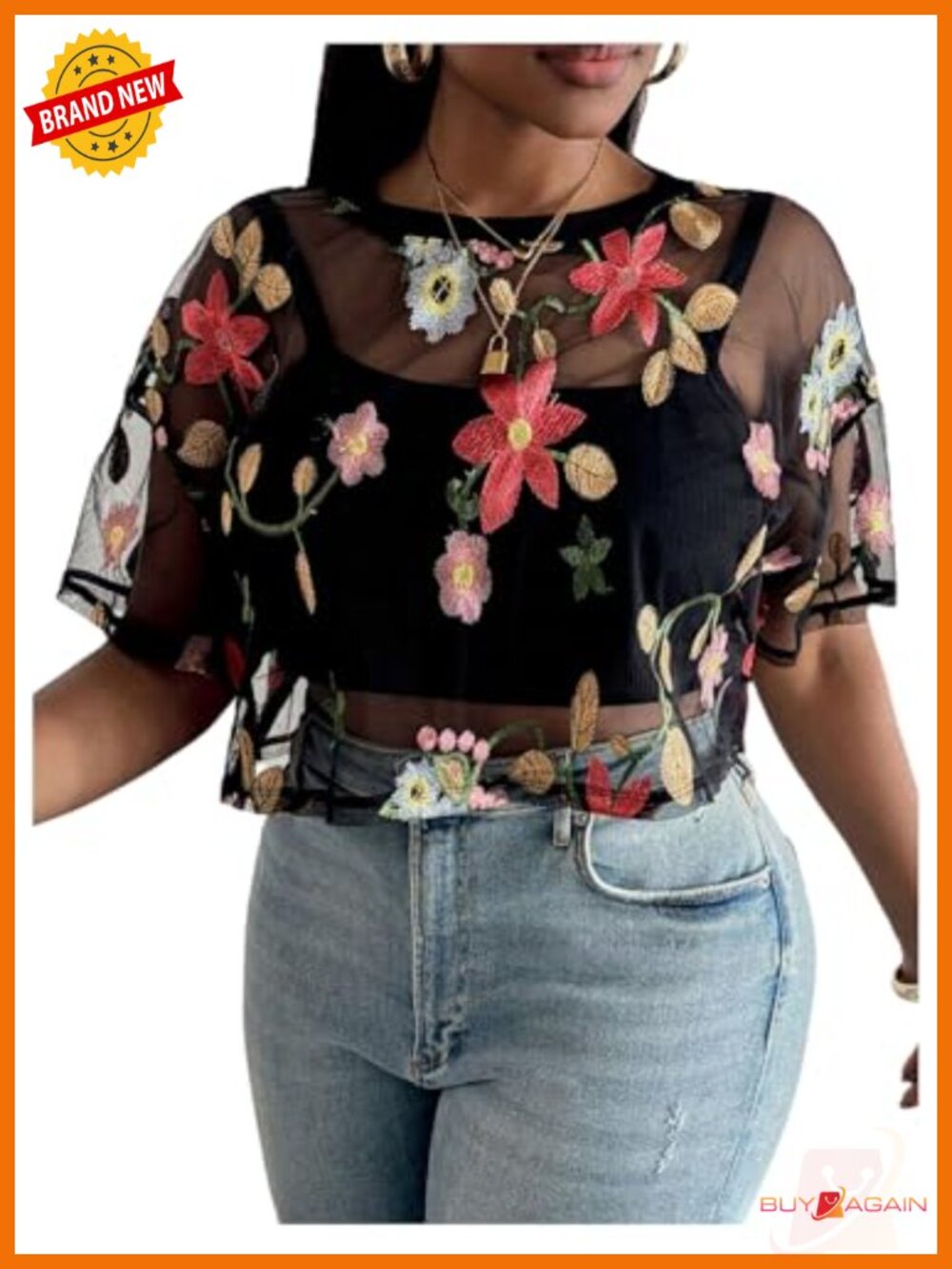 Plus Size Floral Sheer Mesh Crop Top Short Sleeve Blouse